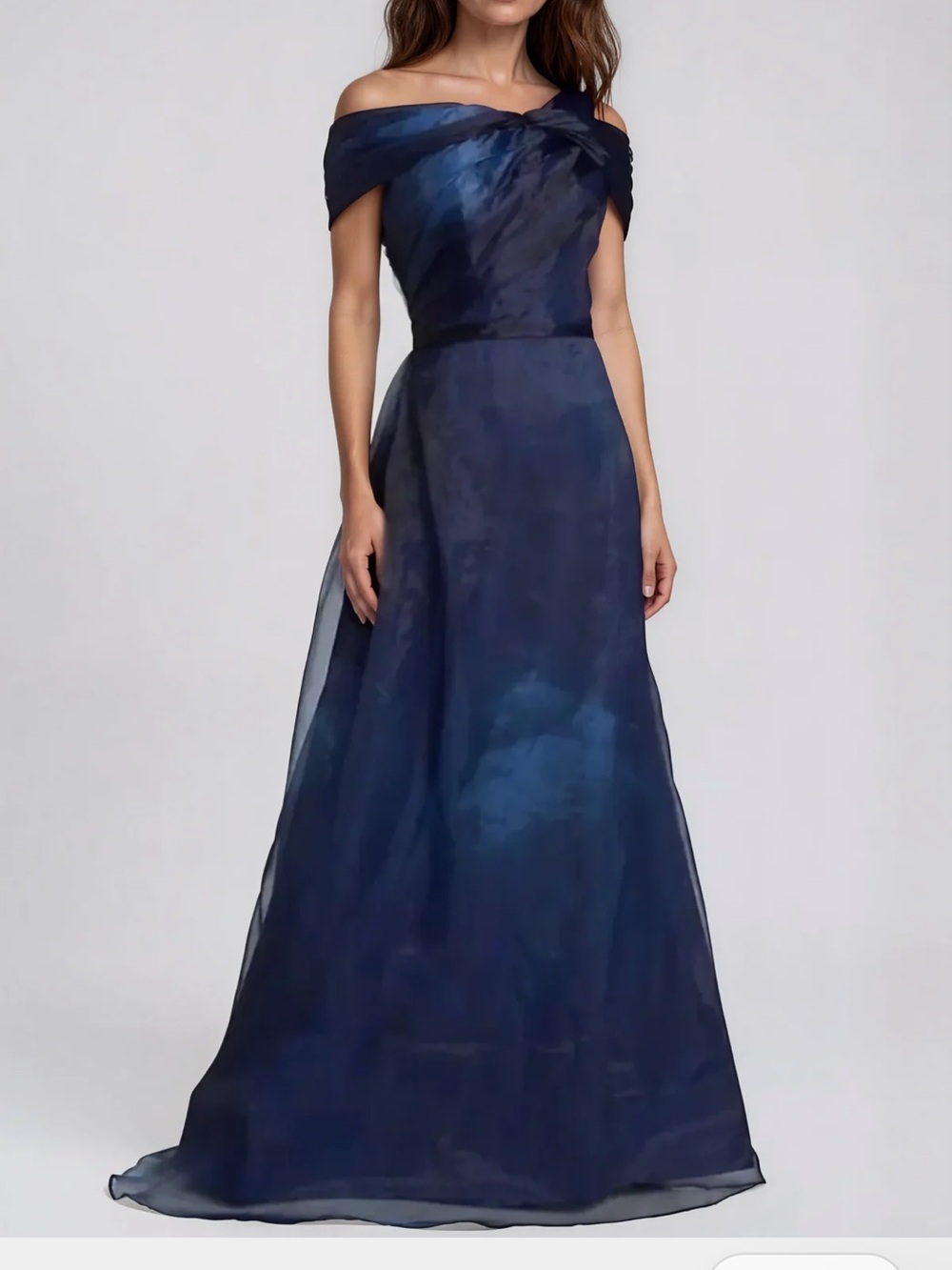 Rene Ruiz Sheer Navy and Black Off-Shoulder Maxi Dress size 12